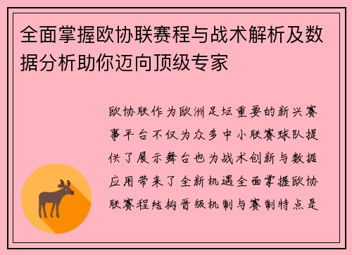 全面掌握欧协联赛程与战术解析及数据分析助你迈向顶级专家