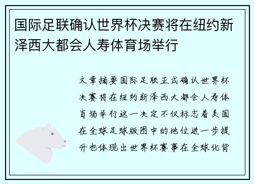 国际足联确认世界杯决赛将在纽约新泽西大都会人寿体育场举行