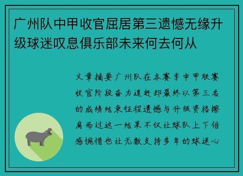 广州队中甲收官屈居第三遗憾无缘升级球迷叹息俱乐部未来何去何从
